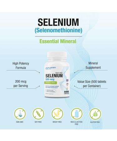 Puregen Labs Selenium 200 mcg Yeast Free Essential Mineral - 500 Vegetarian Tablets | Immune & Antioxidant Support | Non-GMO Gluten Free - Buy Online on GoSupps.com