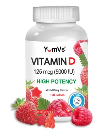 YUM-V'S Vitamin D3 D 5000 iu Gummies for Adults by YumVs | Kosher Halal Vegetarian Chewable Gummy for Women and Men | Mixed Berry Flavor | 120 Count 120 Count (Pack of 1)