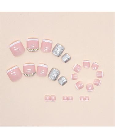 VOTACOS French Tip Press On Toenails - 24PCS Short Square Fake Toeails with Bling Rhinestone Designs for Women - Nude Full Cover Glossy Acrylic Toenails - X31 D4 - Buy Online on GoSupps.com