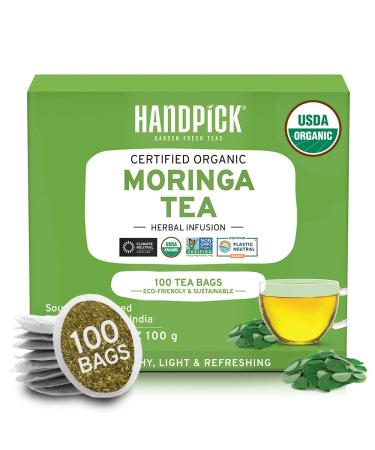 HANDPICK, Organic Moringa Tea Bags (100 Count) Non-GMO, Caffeine Free, USDA Organic Ingredients- Pure Moringa Leaves | Sweet and Light Herbal Tea Bags, Round Eco-conscious Tea Bags
