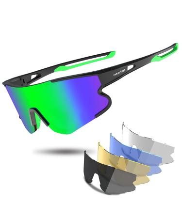 HAAYOT Cycling Glasses,Polarized Baseball Sunglasses for Men Women with 5 Lenses,Sports Running Biking Fishing Sunglasses Black Frame&green Lens
