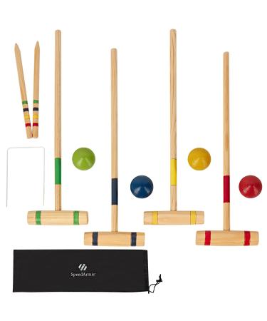 SpeedArmis 4 Players Croquet Set with 24In Pine Wooden Mallets, Colored PE Ball, Wickets, End Stakes - Lawn Backyard Outdoor Game Set for Teens/Adults/Family (Portable Carry Bag Including)