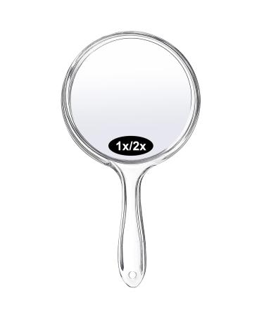 AMMON Handheld Mirror with Handle Double Sided Makeup Mirror 1X/ 2X Magnifying Mirror Portable Clear Rounded Shape Travel Hand Mirror (Clear)