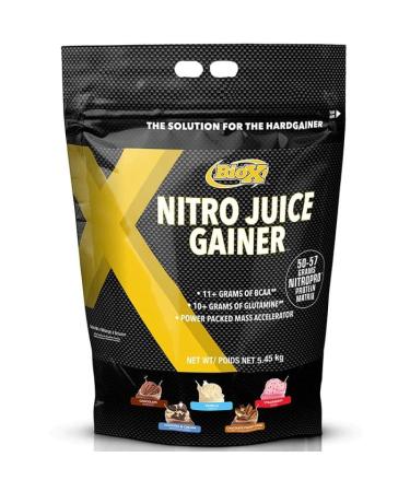 BioX Nitro Juice Gainer | High Protein Weight Gaining Formula | 1000 Calories 53g Protein with Fast & Slow Release Protein Blend 3g Creatine Monohydrate 2g Glutamine 11g BCAAs (5.45KG Chocolate) Chocolate 5.45 kg (Pack of 1)