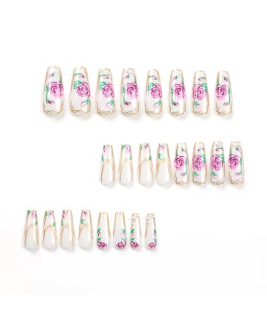 Buy Vezocim Long Coffin Press on Nails - 24Pcs Glossy White Acrylic with Pink Flower Designs - Extra Long Ballerina Fake Nails for Women - Buy Online on GoSupps.com