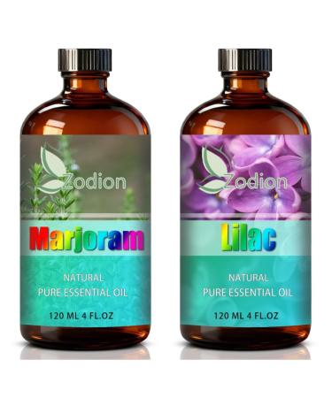 Lilac Essential Oil 4 Fl Oz and Marjoram Essential Oil 4 Fl Oz - ZODION Lilac & Marjoram Oil for Diffuser Aromatherapy Home Fragrance Skin & Hair Care DIY Candle & Soap Making Yoga