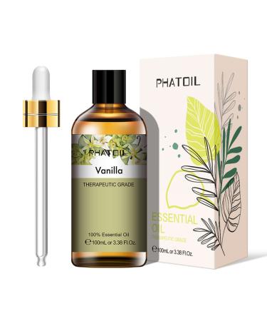 PHATOIL 100ML Vanilla Essential Oil, Huge 3.38fl.oz Bottle Vanilla Oil, Pure Aromatherapy Essential Oils for Diffuser, Humidifier, Scented Oils for Soap, Candle Making