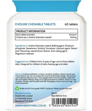 Health4All Kids Choline 150mg Chewable 60 Tablets - Vegan Children's Memory and Learning Support Supplement - Buy Online on GoSupps.com