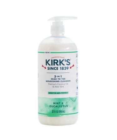 Kirk's 3-in-1 Castile Liquid Soap Head-to-Toe Clean Shampoo  Face Soap & Body Wash for Men  Women & Children | Mint & Eucalyptus Scent | 32 Fl Oz. Mint & Eucalyptus 32 Fl Oz (Pack of 1)