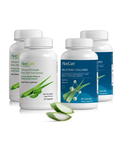 AloeCure Organic Aloe Vera Capsules Pack - 4 Pieces - 2 x Melatonin + Collagen, 2 x Aloe Vera Capsules