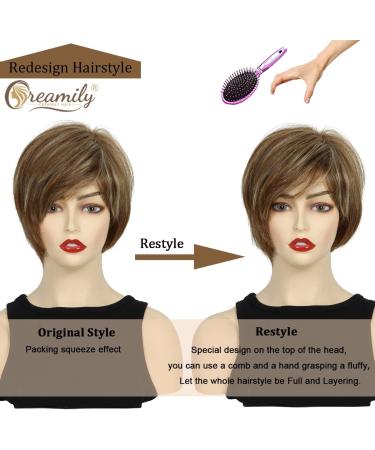 Short Brown Pixie Wig for Women - Layered Short Hair with Bangs, Natural Synthetic Fiber - Brown with Blonde Highlights - Buy Online on GoSupps.com
