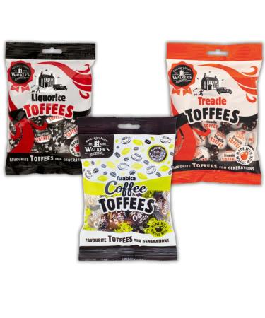 Walkers Toffees Treat Box | 3x150g bags | 1x Walkers Treacles Toffees + 1x Liquorice Toffees + 1x Arabica Coffee Toffees