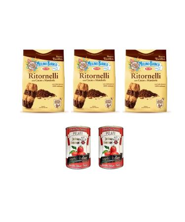 Italian Gourmet E.R. Set of 3 Mulino Bianco Cookies with Cocoa and Ritornelli Almonds 700 g + 100 % Italian Tomatoes - 2 x 400 g Boxes