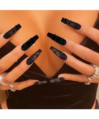 VOTACOS Long Coffin Black Press on Nails with 3D Rhinestone Butterfly Design - Matte Full Cover Stick on False Nails for Women | G2 BLACK 3D - Buy Online on GoSupps.com