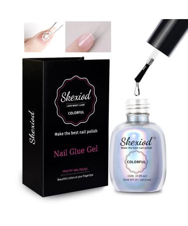 Skexiod 15ml Nail Glue Gel for Nail Tips and Acrylic Nails (Curing Needed)  Professional Super Strong Nail Strengthener Brush on Nail Glue Gel for False Nails and Rhinestone UV/LED Lamp Required