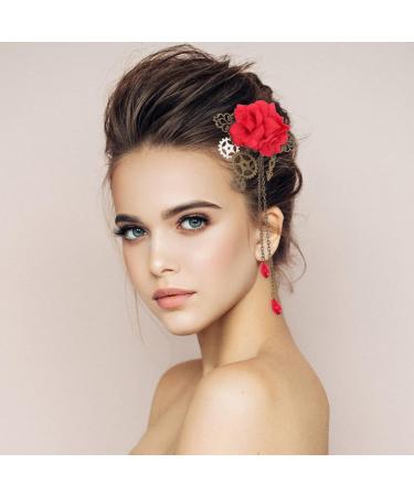 Beaupretty French Barrette Hair Clips Steampunk Hair Clips with Tassels Chain Rose Flower Hair Clip Vintage Halloween Headdress Goth Gothic Hair Accessories for Women Girls Red Wedding Hair Clip - Buy Online on GoSupps.com