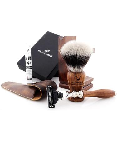 JAG Shaving Razor Set - Sustainable 4-Part Wood Razor Set with Synthetic Brush & Leather Bag - Perfect for Eco-Friendly Grooming - Buy Online on GoSupps.com