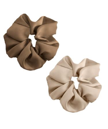 2Pack Oversized Satin Silk Hair Scrunchies Elastic Fluffy Hair Ties for Women/Girls Soft Hair Accessories Decorations (Khaki+Brown)