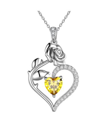 Cute Cat Necklace with Sparkling Zirconia Crystal Birthstone Pendant Necklace for Girls Womens White Gold Over 925 Sterling Silver Animal Necklace Birthstone Jewelry Sweet Present Girlfriend Sisters K November-Citrine