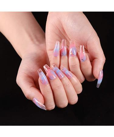 Sethexy long purple ballerina false nail bling coffin gradient false fingernails sparkle glossy 24st acrylic art nail tips for women and girls