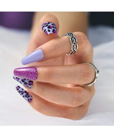 Sethexy long purple ballerina false nail leopard sparkle coffin fingers fingernails shiny 24st acrylic art nail tips for women and girls