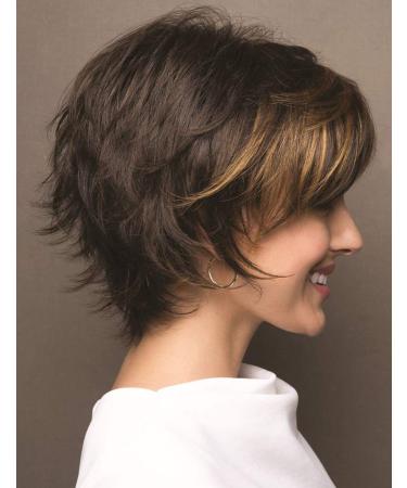 RENERSHOW Brown Blonde Highlight Wavy Pixie Wig for White Women - Natural Synthetic Short Haircut with Bangs for Daily Party - Buy Online on GoSupps.com