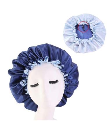 Adjustable Satin Bonnet Cap Night Sleep Hat Beauty Salon Comfortable Sleeping Bonnet for Curly hair Navy+Light Blue One Size Navy+light Blue
