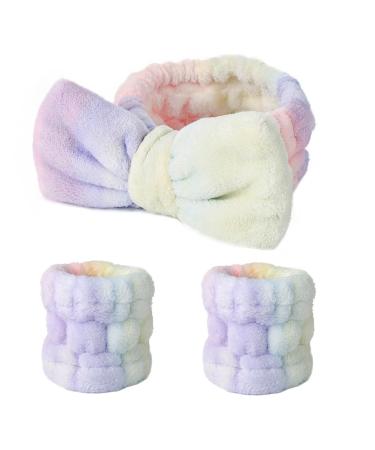 Gangel Fashion Tie Dye Makeup Headband and Wrist Bands Set Soft Elastic Bow-Knot Spa Headband for Washing Face Microfiber Fuzzy Cloth Hair Wrap Coral Fleece Cute Skin Care Head Scarf Durable Facial Head Wraps for Women a...