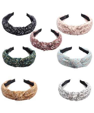 Misgirlot 7Pcs Knotted Headbands for Women Floral Pattern Wide Knotted Headbands Twisted Knot Hair Bands Top Knot Head Bands Flower Hair Hoop Vintage Hairband Fashion Hairbands for Women Girls