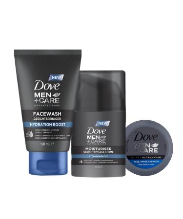 DOVE MEN + CARE Moisturiser Hydration Boost - Facial Cleanser - 100 ml Face Cream - Protects Strengthens and Moisturises 50 ml & Ultra Hydra Cream - Moisturising Effect for Face Hands Body 75 ml