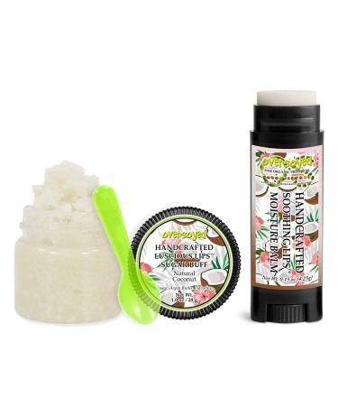 Natural Coconut Soothing & Luscious Lips by OverSoyed Exfoliator & Chapped Lip Repair Lip Care Combo | Artisan Handcrafted to Order Tropical Coconut Sweet Creamy Flavored Exfoliating Sugar Lip Scrub & Lip Moisturizer Balm G