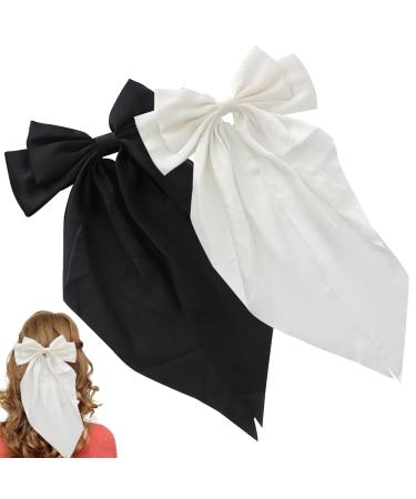 Hair Bows for Women Hair Bows Bow Hair Clips 2PCS Large Hair Bow Solid Color French Bow Claw Clip with Long Silky Satin Fashion Hair Accessories for Women Girls Gift 1 count (Pack of 1) black+write