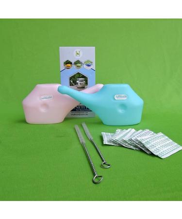 Set of 2 Unbreakable Plastic Neti Pot with Salt Sachets and Cleaning Brushes - Pink and Blue - Buy Online on GoSupps.com