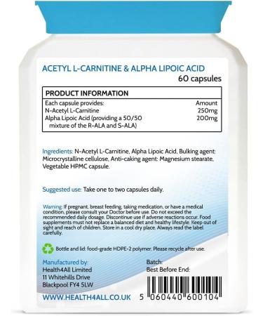 Acetyl L-Carnitine 250mg & Alpha Lipoic Acid 200mg Capsules | Vegan ALCAR ALA Supplement 60ct | Made in UK by Health4All - Buy Online on GoSupps.com