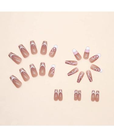 IMSOHOT Coffin Press on Nails - Long Acrylic French Ballerina False Nails | Glossy Full Cover Nude Glitter with Pink Heart Designs - 24PCS - Buy Online on GoSupps.com