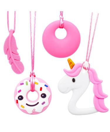 Qinren 5 pieces of sensory chewing chains food-safe silicone play-to-do-it-all set oral engine bite ring with portable rope for children boys anxiety biting needs (pink + white)