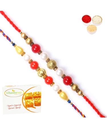 Ghasitaram Gifts Rakhi for Brother Rakhis Online - Set of 2 7615 7622 Pearl Rakhis with 200 GMS of Besan Barfi