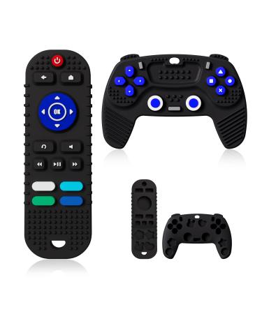 2-Pack Silicone Remote Control Game Pad Baby Teether Toys Teething Toys for Toddler Chew Toy for Baby 6-12 Months Sensory Press Toy (Black + Black) Black A+ Black B