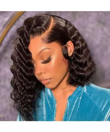 CLIONE Deep Wave Bob Lace Wig 12 Short Bob Synthetic Wigs for Black Women Natural Black Color Synthetic Curly Bob Lace Front Wig Natural Crimps Curls Wigs 1B