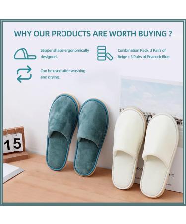 6 Pairs Washable & Reusable Spa Slippers - Soft Coral Fleece Indoor Hotel Slippers - Blue/Cream - Ideal for Guests, Travel, Wedding - Buy Online on GoSupps.com