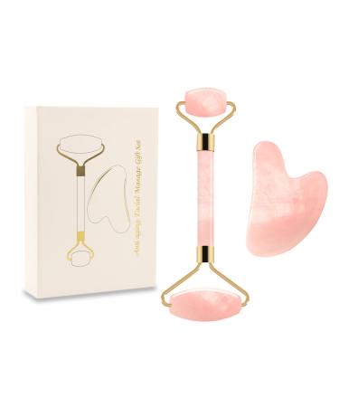 Jade Roller and Gua Sha Scraping Facial Tools Set Rose Quartz Roller 100% Real Jade Stone Natural Anti-Aging Facial Massage Kit Treat Eye Bags Anti-Aging Massage Therapy Slimming Tools
