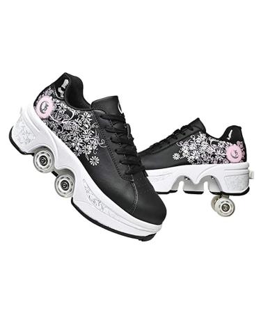 LDTXH Double-Row Deform Wheel Automatic Walking Shoes Invisible Deformation Roller Skate 2 in 1 Removable Pulley Skates Skating Rollerskates Outdoor Parkour Shoes with Wheels for Girls Boys Black Powder US 9