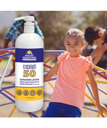 Rocky Mountain Sunscreen - Reef Safe SPF 50 Lotion for Kids - Broad Spectrum UVA/UVB - Water Resistant Hypoallergenic Sun Care - Non-Greasy Body Sunscreen for Children - Quart With Pump (32 Fl Oz) SPF 50 Kids Lotion 32 F... - Buy Online on GoSupps.com