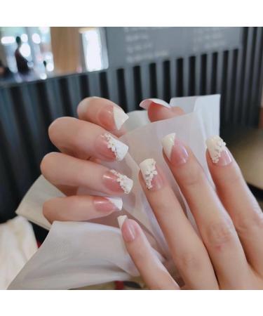 Splicing Flower French Press on Nails with Sequins Charms - Fake Nails for Women | Full Cover Coffin Spring Summer - Buy Online on GoSupps.com