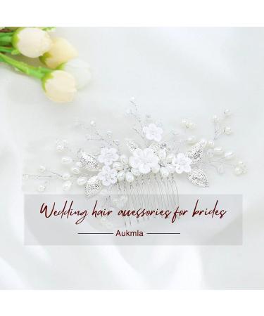 Aukmla Silver Pearl Flower Bride Wedding Hair Comb - Bridal Leaf Headpiece for Women & Girls - Buy Online on GoSupps.com