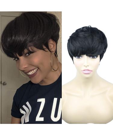 Short Hair Pixie Cut Wig with Bangs - Natural Black Women's Wig | Straight Layered Wavy Synthetic Full Machine Wig (1B# Black) - Buy Online on GoSupps.com