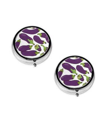 (Cartoon Eggplant) Round Pill Box 3 Compartment Pill Box Mini Decorative Pocket Purse Portable Travel Medicine Tablet Vitamin Holder Organizer Pill Case