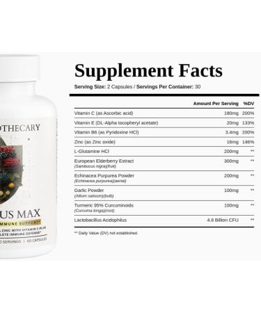 Defensus Max Immune Support Complex Elderberry 300mg Echinacea 200mg Vitamin C Zinc Turmeric 95% Curcuminoids Probiotics 4.8 Billion CFU 3-Layer Defense Formula for Adults 60 Capsules - Buy Online on GoSupps.com