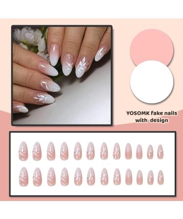 YOSOMK Gradient Nude Almond Fake Nails with Leaf Design - Medium Length, Glossy Finish | Ombre Full Cover Acrylic False Nails for Women - Buy Online on GoSupps.com