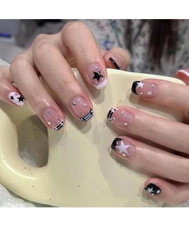French Tip Press on Nails - Short Square Black & White Star Rhinestones | Reusable Glossy Full Cover Artificial Nails for Women - Buy Online on GoSupps.com